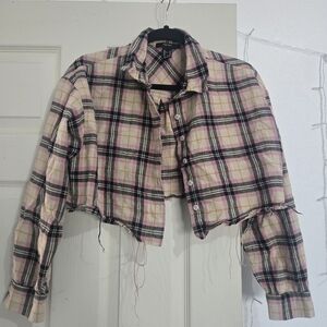 Forever 21 Pink Plaid Cropped Button-Up Shirt